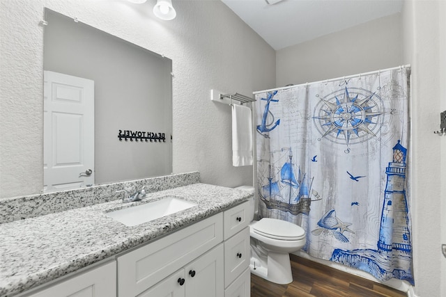 1302 55th St, Galveston, TX 77551 - bathroom featuring toilet, a textured wall, vanity, and wood finished floors