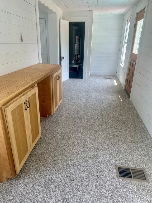 1323 Ball, Galveston, TX 77550 - hall with water heater, wood walls, and carpet