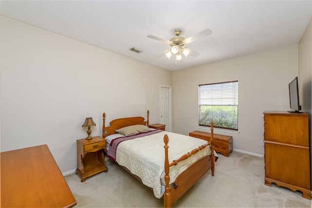 6249 Mallard Dr, Katy, TX 77493 - bedroom with baseboards, visible vents, light colored carpet, and ceiling fan