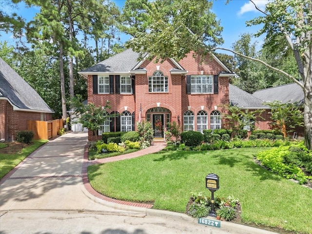 colonial home with brick siding, driveway, a front lawn, and fence