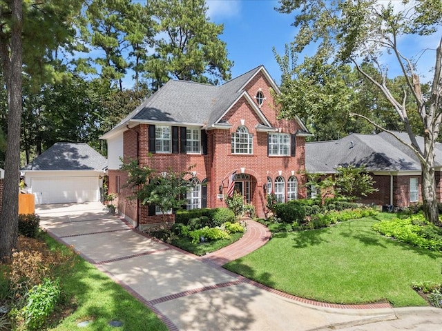colonial home featuring driveway, an outbuilding, brick siding, a front yard, and a garage