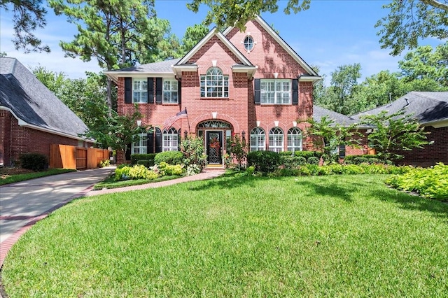 view of front of property featuring brick siding, a front yard, and concrete driveway