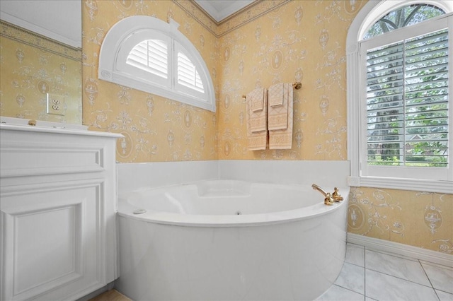 full bathroom with wallpapered walls, tile patterned floors, and a healthy amount of sunlight