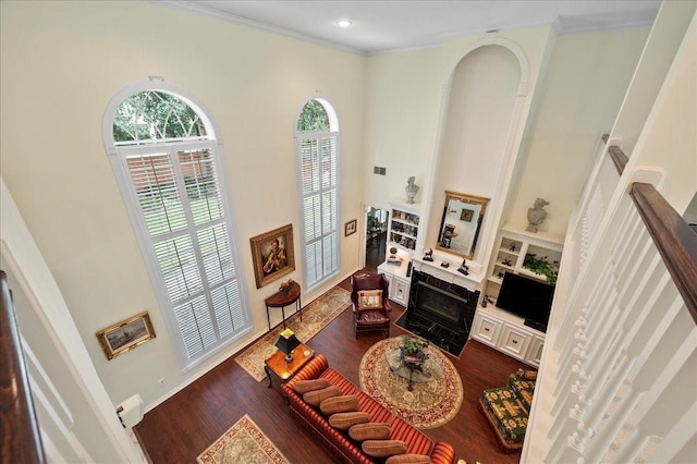 living room with dark wood-style floors, plenty of natural light, a fireplace with flush hearth, and a towering ceiling