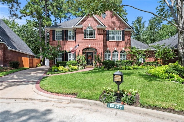 view of front of property with a front lawn, driveway, and brick siding