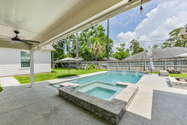 3626 Lake Breeze Ln, Crosby, TX 77532 - view of swimming pool featuring a lawn, a fenced backyard, a patio, an in ground hot tub, and ceiling fan