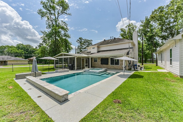 3626 Lake Breeze Ln, Crosby, TX 77532 - view of pool with fence, a patio, a lawn, a sunroom, and a pool with connected hot tub