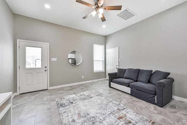 3626 Lake Breeze Ln, Crosby, TX 77532 - living area with baseboards, visible vents, recessed lighting, marble finish floor, and ceiling fan