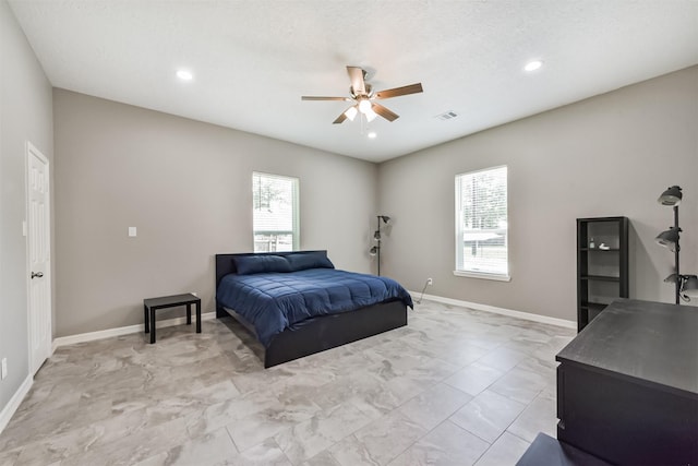 3626 Lake Breeze Ln, Crosby, TX 77532 - bedroom featuring baseboards, visible vents, recessed lighting, marble finish floor, and ceiling fan