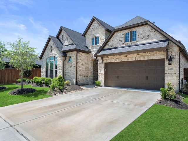 7262 Monarch Dr, Katy, TX 77493 - french country inspired facade featuring fence, stone siding, a garage, a front yard, and concrete driveway