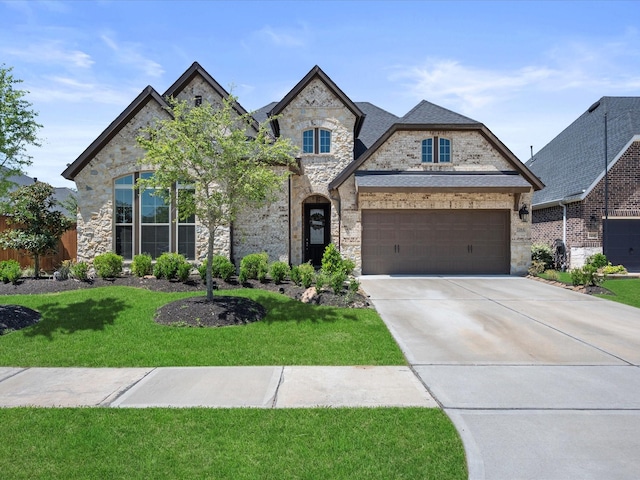 7262 Monarch Dr, Katy, TX 77493 - french country inspired facade featuring a front yard, driveway, stone siding, and a garage