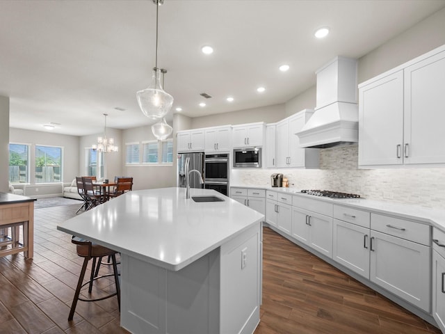 7262 Monarch Dr, Katy, TX 77493 - kitchen with appliances with stainless steel finishes, a sink, premium range hood, decorative backsplash, and dark wood-style floors