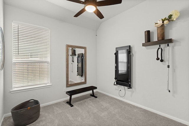 21131 Austin Chalk Dr, Cypress, TX 77433 - workout room featuring baseboards, a ceiling fan, and carpet flooring