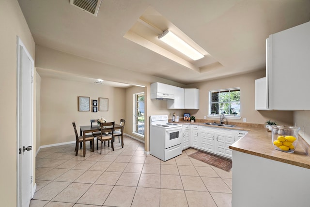 kitchen with a sink, light tile patterned floors, electric range, white cabinets, and visible vents