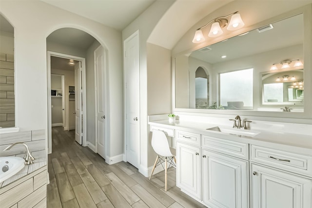 19219 Filly Park Cir, Tomball, TX 77377 - bathroom with wood finished floors, vanity, a bath, baseboards, and a walk in closet