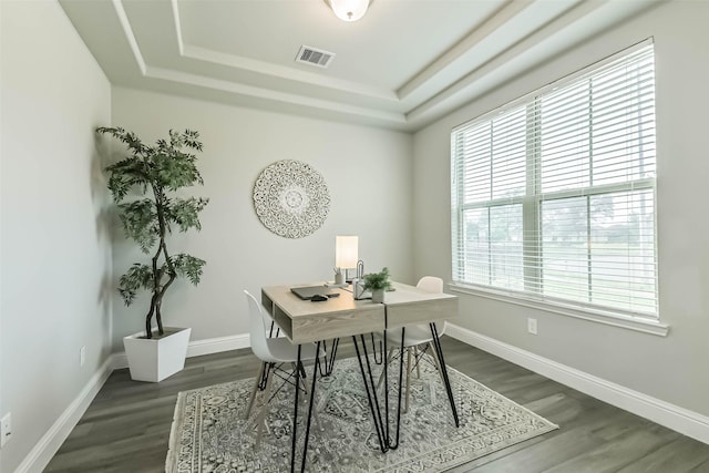 19219 Filly Park Cir, Tomball, TX 77377 - home office featuring a tray ceiling, dark wood-style floors, and baseboards