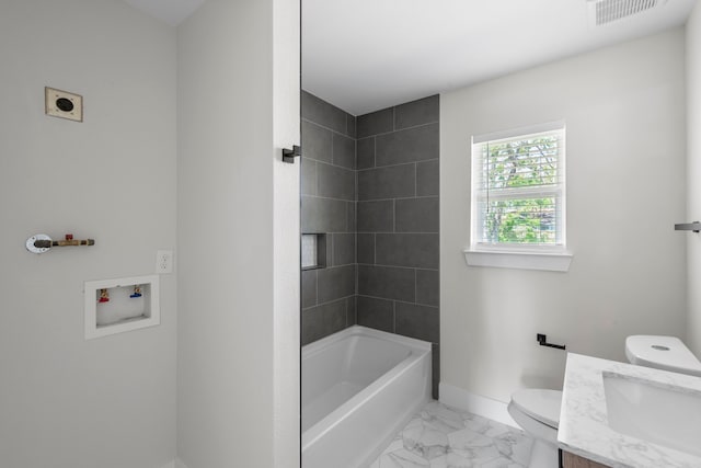 full bath featuring toilet, visible vents, baseboards, marble finish floor, and vanity