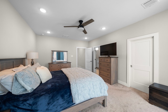 bedroom featuring recessed lighting, ceiling fan, visible vents, and light carpet