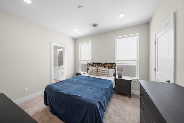 bedroom with light carpet, baseboards, visible vents, and recessed lighting
