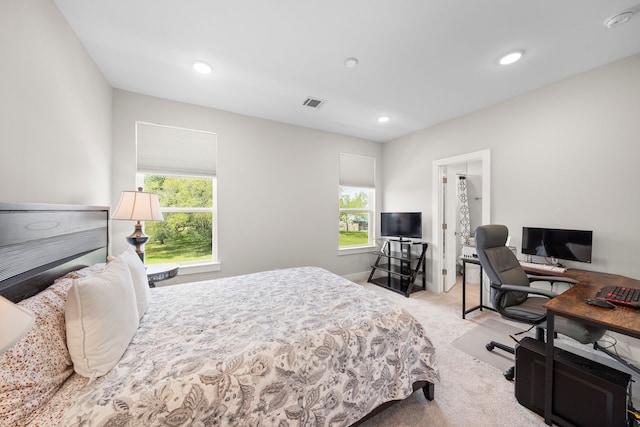 bedroom featuring visible vents, carpet floors, and recessed lighting