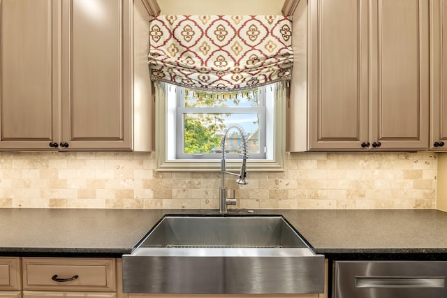 28002 Whispering Maple Way, Spring, TX 77386 - kitchen featuring a sink, dark countertops, and backsplash