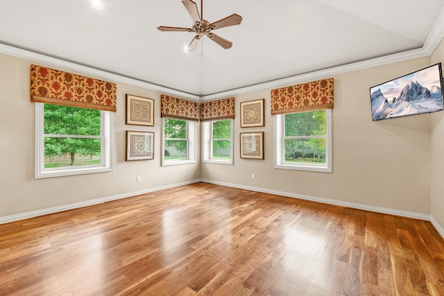 28002 Whispering Maple Way, Spring, TX 77386 - empty room featuring light wood-type flooring, ceiling fan, baseboards, and ornamental molding
