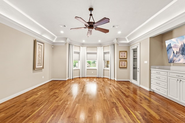 28002 Whispering Maple Way, Spring, TX 77386 - unfurnished living room with ceiling fan, crown molding, light wood-style floors, baseboards, and recessed lighting