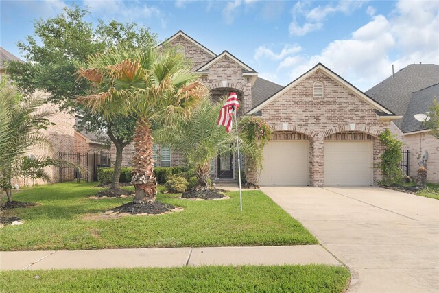 view of front of home with brick siding, a front yard, driveway, and a garage