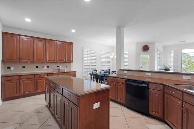 kitchen with light tile patterned floors, decorative backsplash, recessed lighting, and black dishwasher