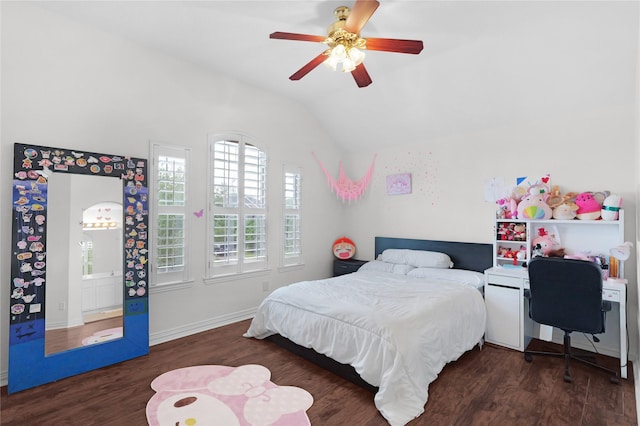 bedroom featuring lofted ceiling, a ceiling fan, wood finished floors, and baseboards