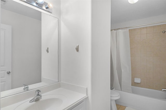 full bathroom with toilet, vanity, tile patterned floors, and shower / bath combo with shower curtain