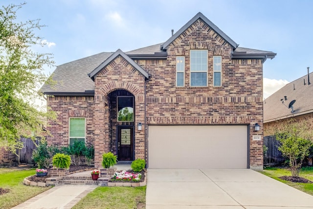 view of front of home with driveway, fence, brick siding, an attached garage, and a shingled roof