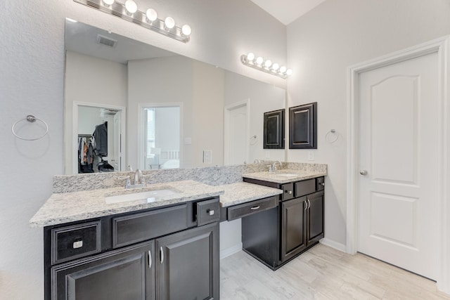 full bath featuring a walk in closet, double vanity, wood finished floors, and a sink