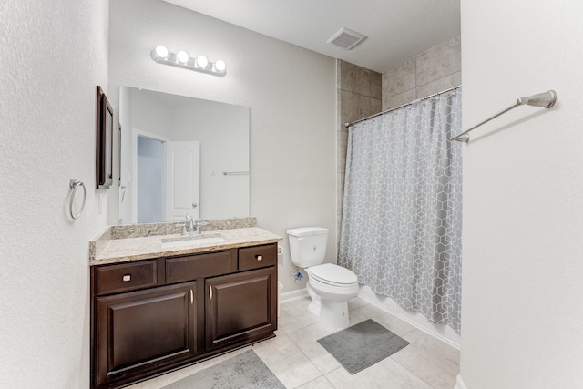 full bathroom with shower / bath combo, vanity, toilet, tile patterned flooring, and visible vents