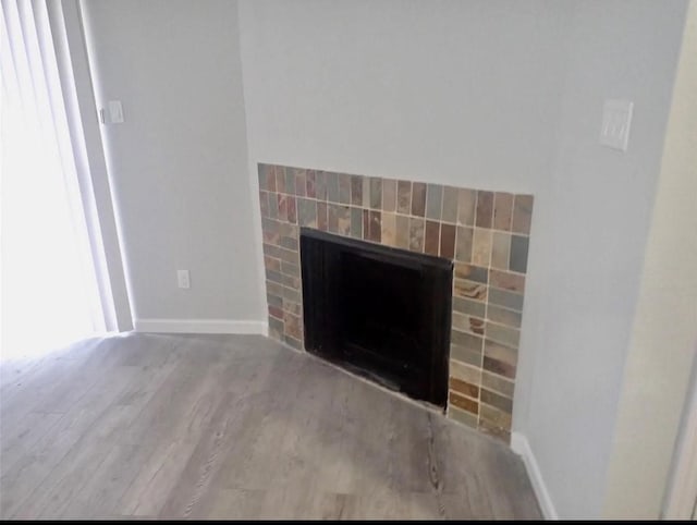 room details with baseboards, wood finished floors, and a fireplace