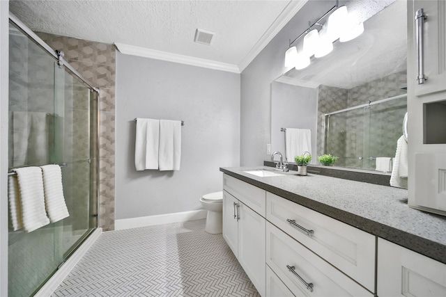 818 Wax Myrtle Ln, Houston, TX 77079 - bathroom featuring a stall shower, toilet, visible vents, crown molding, and vanity