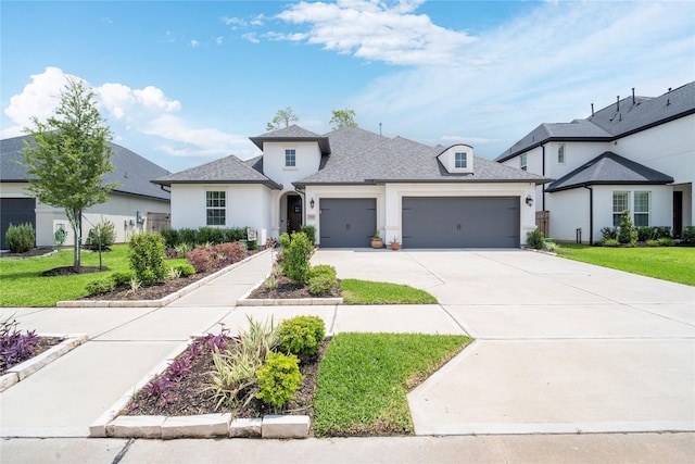 1818 Regent Mill Dr, Missouri City, TX 77459 - french country style house with an attached garage, driveway, a front yard, and stucco siding