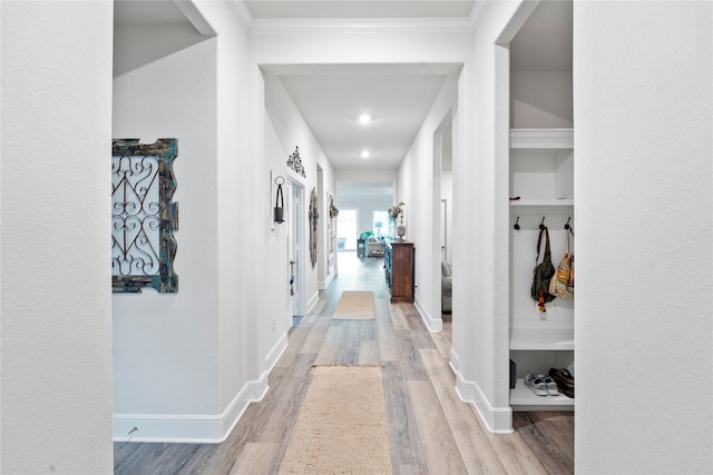 1818 Regent Mill Dr, Missouri City, TX 77459 - corridor featuring wood finished floors, baseboards, and ornamental molding