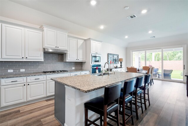 1818 Regent Mill Dr, Missouri City, TX 77459 - kitchen with stainless steel appliances, a kitchen island with sink, a sink, visible vents, and under cabinet range hood