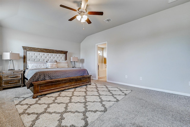 bedroom featuring carpet, lofted ceiling, visible vents, a ceiling fan, and baseboards