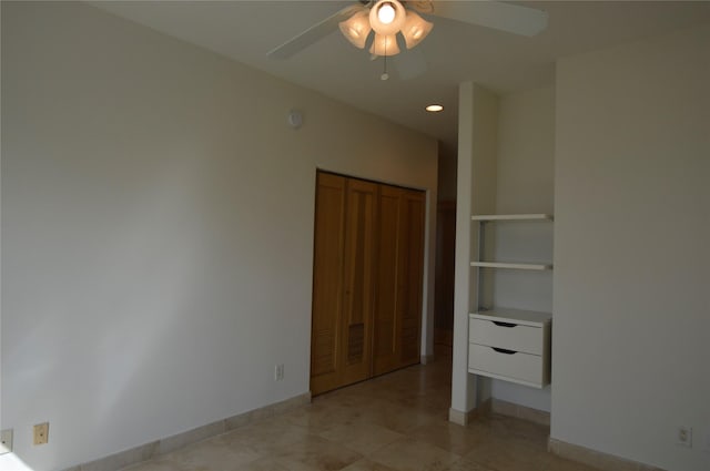 unfurnished bedroom with light tile patterned flooring, a ceiling fan, baseboards, and recessed lighting