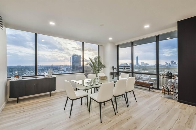 dining space featuring baseboards, a city view, and light wood-type flooring