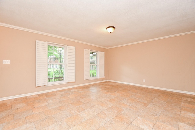 spare room with stone finish flooring, baseboards, and crown molding