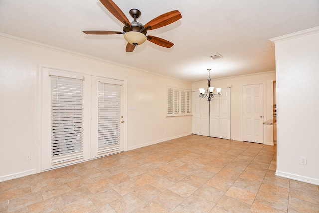 empty room featuring visible vents, baseboards, ornamental molding, and ceiling fan with notable chandelier