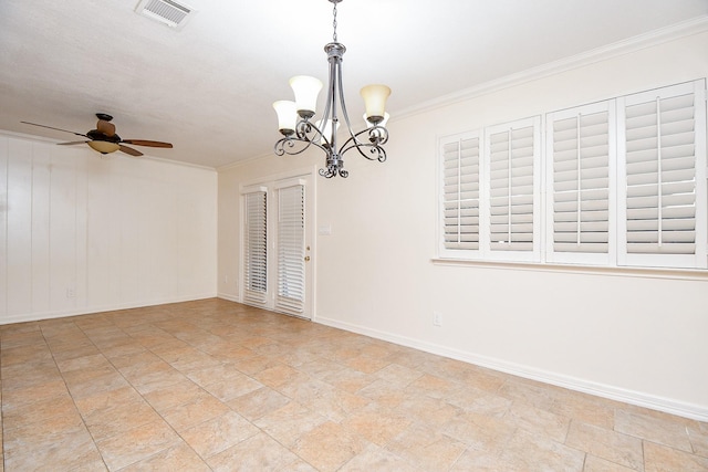 spare room with ceiling fan with notable chandelier, stone finish flooring, baseboards, ornamental molding, and visible vents