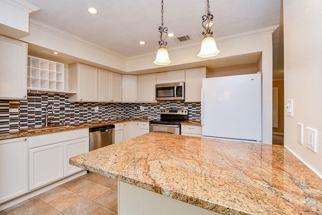 kitchen with appliances with stainless steel finishes, open shelves, crown molding, and visible vents
