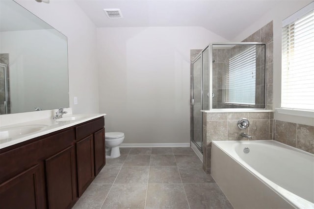 bathroom featuring a shower stall, a wealth of natural light, a sink, and visible vents