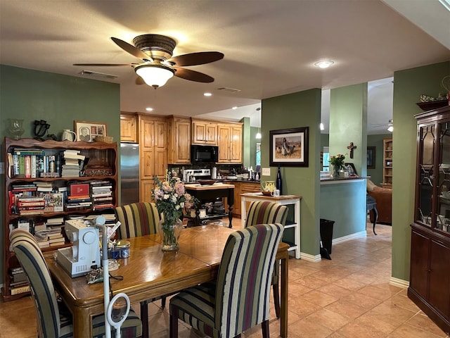 dining area with baseboards, a ceiling fan, visible vents, and recessed lighting
