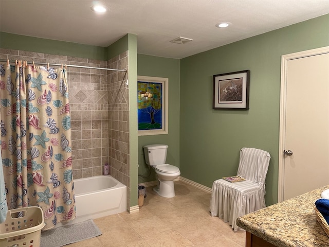 bathroom featuring shower / bath combo, toilet, baseboards, tile patterned flooring, and recessed lighting