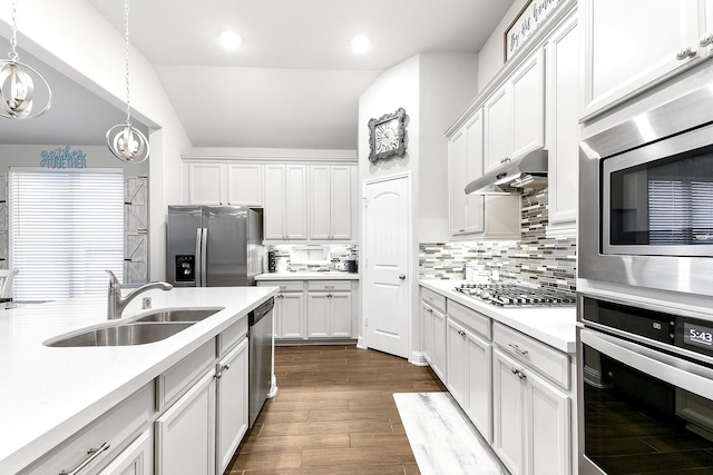 kitchen with a sink, appliances with stainless steel finishes, light countertops, under cabinet range hood, and dark wood-style floors